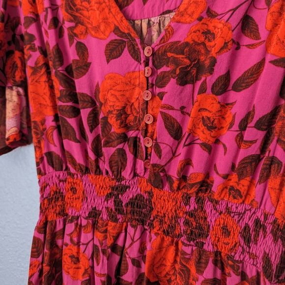 Abel the Label Dress Hi/Low Smocked Flutter Sleeve Red Pink Black Floral XSmall - Picture 6 of 11